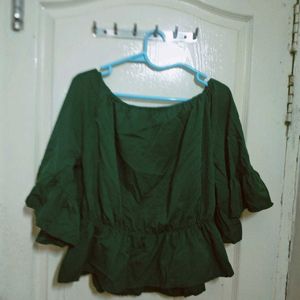 Off Shoulder Green Flared Sleeves Elasticated Top