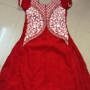 Red Anarkali Kurta With White Embroidery