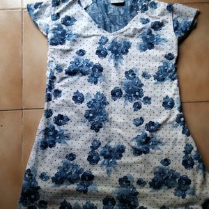 White With Navy Blue Floral Top Or Tunic