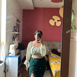 Full Sleeveless Light Green Top And Gree Skirt