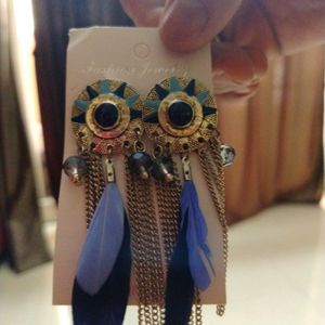 Designer Blue Feathered Ear Rings