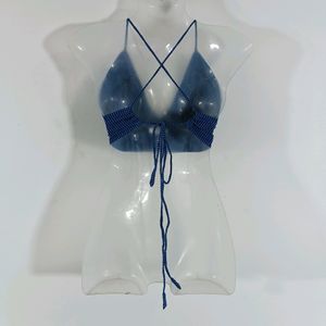 Blue Embroidered Backless Crop Top (Women)