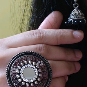 Boho Style Silver Jhumkas And Ring