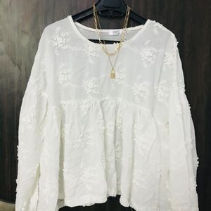 White Embroidered Flared Top