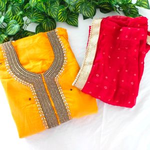 Mustard And Red Kurta Sets (Women's)