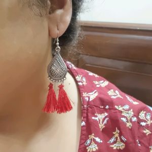 Oxidised Hanging Earings With Red Tassels