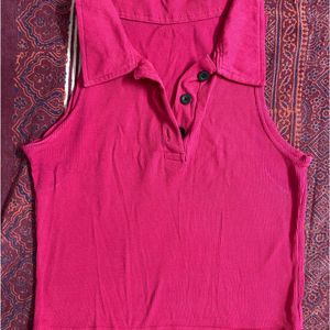 Pink Rib Halter Neck Collar Top