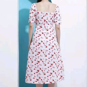 White_red Colour Flower Rose Printed Dress