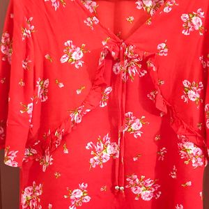 Red Floral Frilled Top