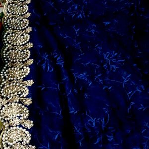 Navy Blue Saree With Pearl And Thread Work Border