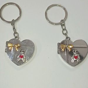 Heart Teddy Metal Photo Frame Keychain 1 Set