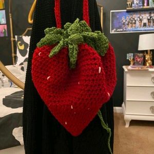 Handmade Crochet Strawberry Drawstring Bag