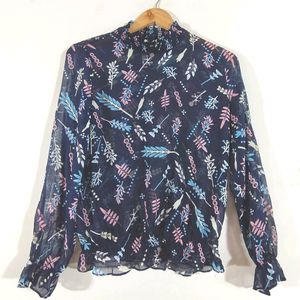 Navy Blue Leaf Print Top (Women's)