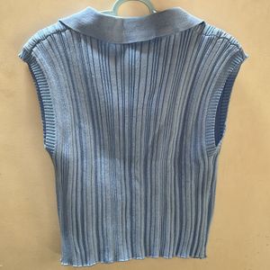 Blue Ribbed Shirt Collar Fitted Crop Top