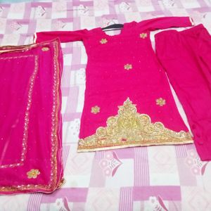 Rani Pink stitched Kurta With Pant Dupatta Sets.