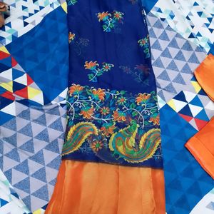 Navy Blue And Orange Saree