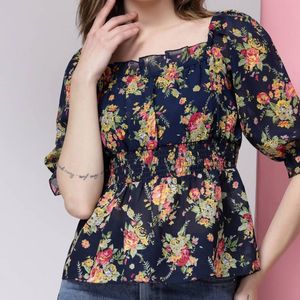 KASSUALLY Blue Floral Clinched Waist Smocked Top