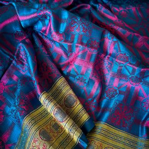 100% Pure Triple Tone Himroo Jamavar Silk Saree