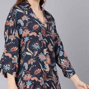 Navy Blue Floral Short Kurta