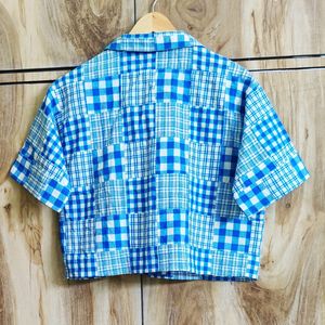 Blue Printed Crop Shirt Size-38