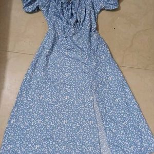 Cottage Core Blue Dress With Tie Up Neckline