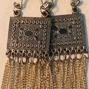 Gold Oxidised Square Earrings With Chain.