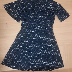 Black Printed Short Dress With Pockets(Without Belt)