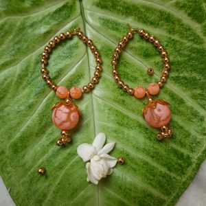 Designer Golden And Coral Beaded Earrings