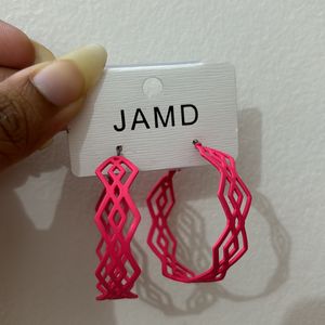 Fluorescent Pink Designed Hoop Earrings