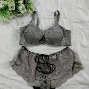 Gray Fancy Net Bra Panty Set