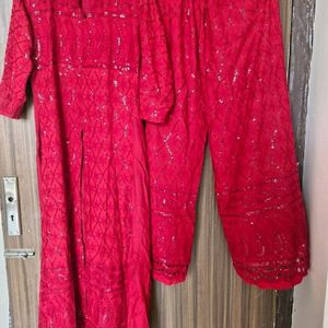 Red Chickenkari Work Kurta Set