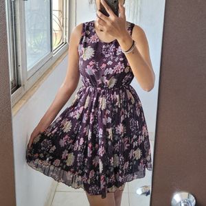 Brown Floral Flared Dress