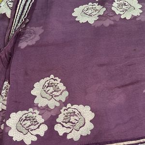 Purple Flower Work Saree With Blouse