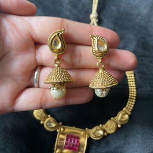 Antique Gold Look Set With Ruby And Pearls