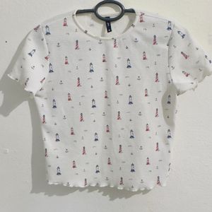 White Nautical Print Short Sleeve Top