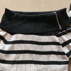 Grey with Black Stripes Off-shoulder Top