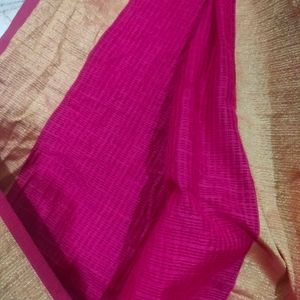 Hot Pink Artsilk With Golden Zari Border