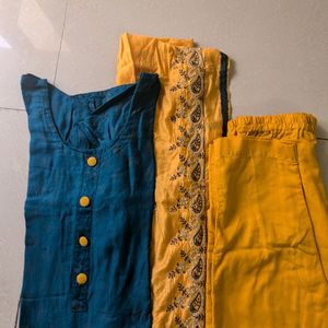 Mustard Peacock Color Kurta Set Embroided