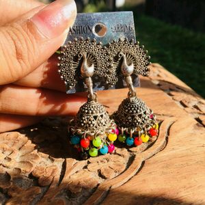 Oxides Peacock Jhumka With Colourful Beads