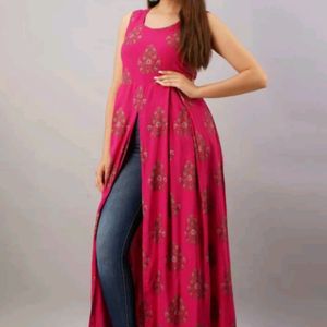 Women Printed Cotton Rayon Frontslit kurta (pink,)