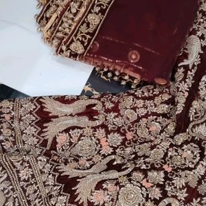 Heavy Dapka Hand Work Maroon Velve Bridal Lehnga