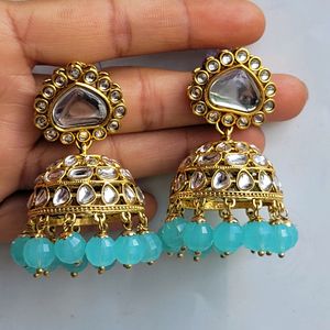 Turquoise Blue Kundan Jhumka Set