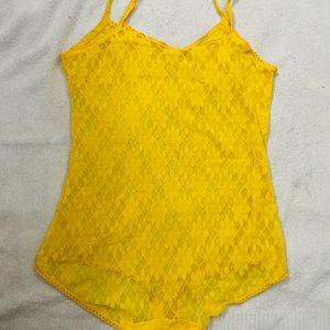 Women Yellow Net Bodysuit