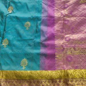 Teal With Purple Pure Silk Saree