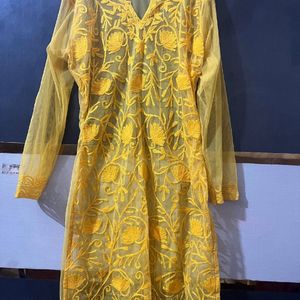 Mustard Net Chikankari Kurta