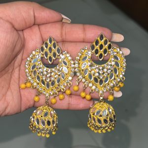 Yellow Mirror Work Jhumka