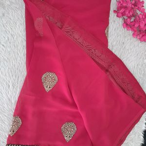 Red With Black & Gold Laced Saree(women's)