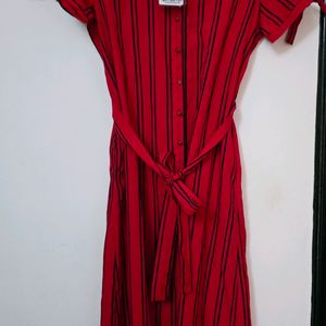 Red Stripe Long Short Dress Along With Fabric Belt