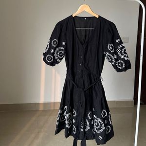 Balloon Puffed Sleeve Cutwork Embroidered Dress