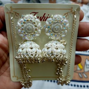 Gold-Plated Dome Shaped Stone Studded Beaded Jhumk